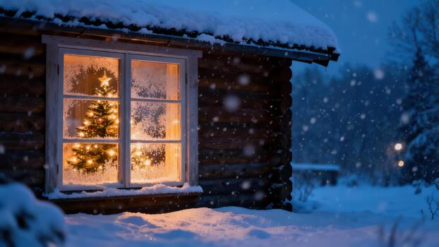 Illuminated Christmas tree visible through a frosty window pane of a rustic log cabin during a peaceful winter night snowstorm. photo