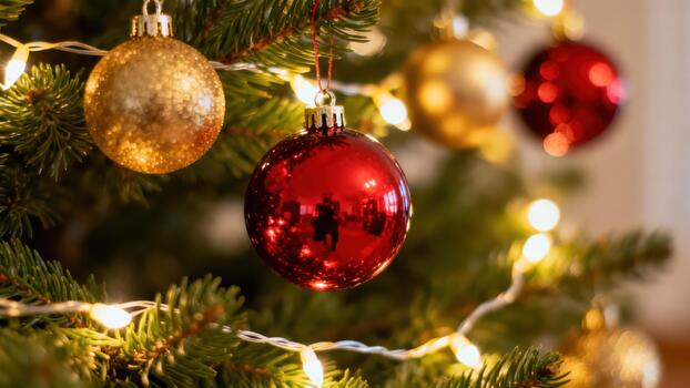 Shiny red and textured gold baubles hanging on deep green artificial Christmas tree branches illuminated by warm holiday lights. photo