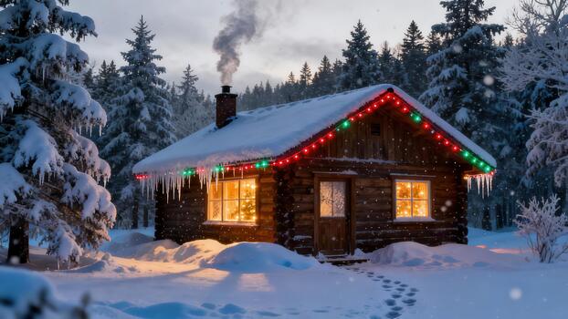 Cozy wooden log cabin covered in deep white snow adorned with festive red and green string lights during a winter evening. photo