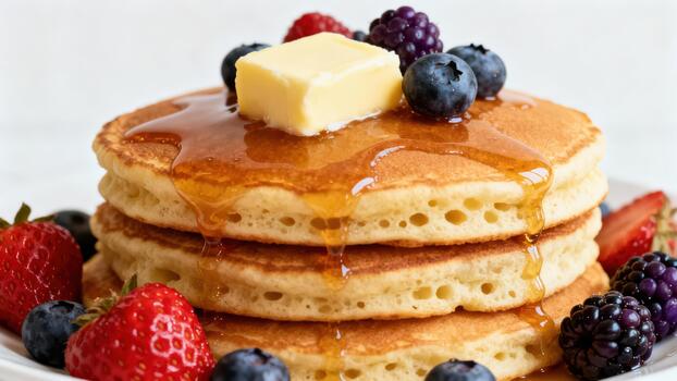 Stack of three golden pancakes topped with melting butter, flowing maple syrup, fresh strawberries, blueberries, and blackberries on a white plate. photo