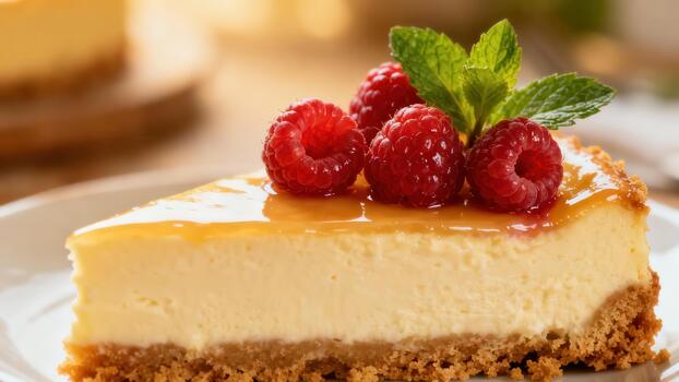 Creamy baked cheesecake slice featuring a graham cracker crust, topped with bright red raspberries, warm caramel sauce, and fresh mint. photo