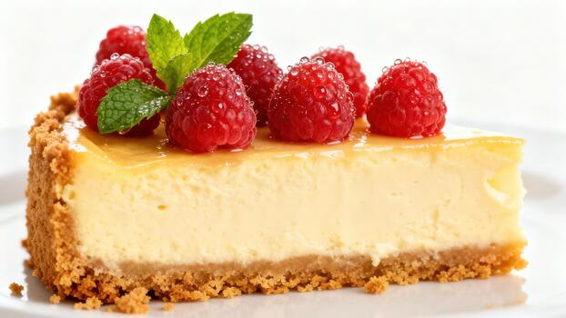 Slice of baked creamy cheesecake featuring a golden glaze, graham cracker crust, and garnish of dew-covered red raspberries and green mint. photo