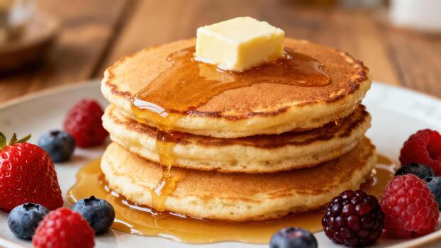 Stacked golden pancakes topped with melting butter and thick syrup drizzle, plated with fresh strawberries, raspberries, and blueberries. photo