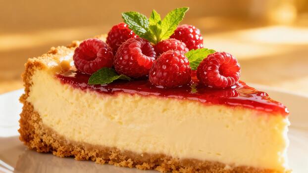 Gourmet baked cheesecake wedge featuring bright red raspberries, glossy fruit sauce, and a crumbly graham cracker crust. photo