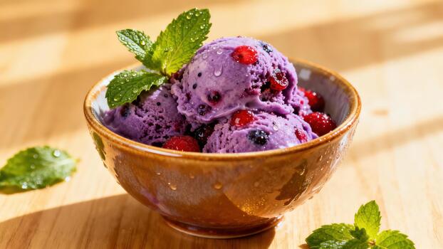 Three scoops of purple mixed berry ice cream topped with red raspberries and mint leaves in a rustic ceramic bowl. photo