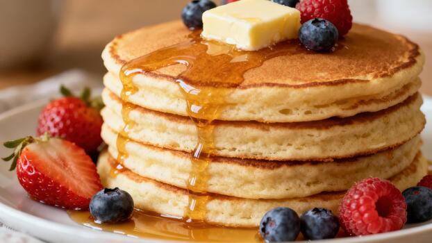 Fluffy stack of four golden pancakes drizzled with sweet maple syrup, topped with butter and mixed berries on a white plate. photo