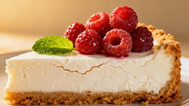 Creamy white cheesecake slice resting on a graham cracker crumb crust, garnished with sweet red raspberries and fresh mint leaf. photo