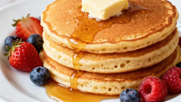 Golden stacked buttermilk pancakes topped with melting butter and dripping maple syrup, garnished with fresh mixed berries on white plate. photo