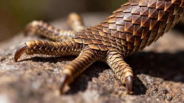 Detailed macro shot of a brown reptile foot and scaly skin texture with sharp claws gripping a rough stone. photo