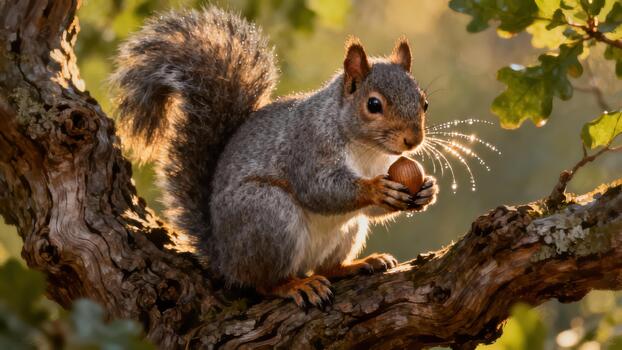Eastern Gray Squirrel holds a hazelnut while perched on an oak tree branch illuminated by dramatic golden hour rim light. photo