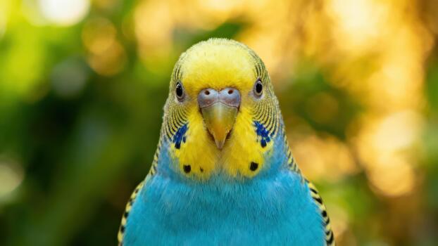 Blue and yellow Budgerigar parakeet portrait featuring detailed feathers and intense focus against a vibrant bokeh background. photo