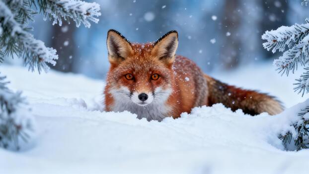 Wild Red Fox with bright orange eyes lying low in deep snow framed by frosted conifer branches during a winter blizzard. photo