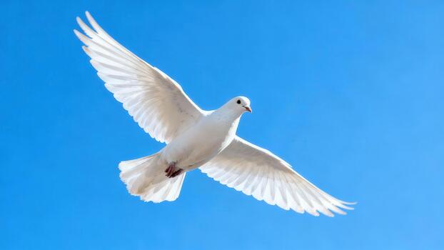 Pure white dove bird flying with extended wings against the bright, clear blue sky during the day. photo