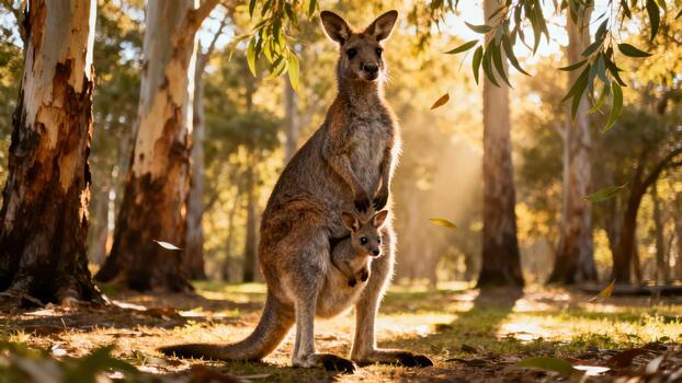Kangaroo mother carrying tiny joey in pouch stands among tall eucalyptus trees in warm golden forest light. photo