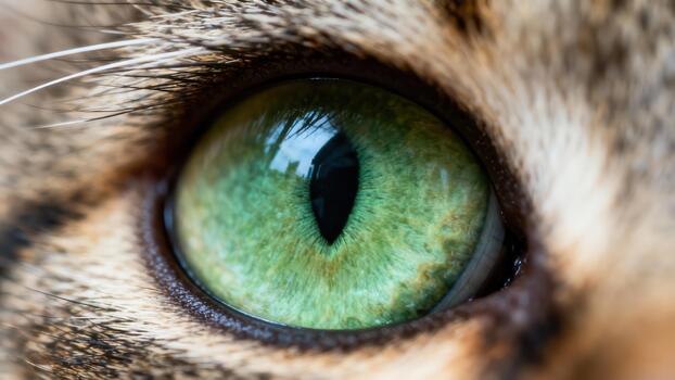 Intense macro shot of a striped tabby cat's striking green eye with a vertical slit pupil and detailed surrounding fur texture. photo