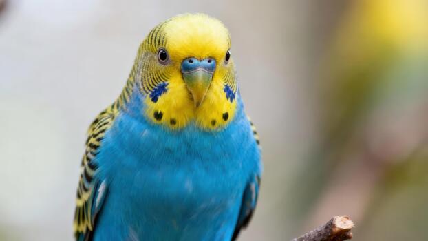Blue and yellow pet Budgerigar parrot perched on a small branch showing detailed head markings against a soft background. photo