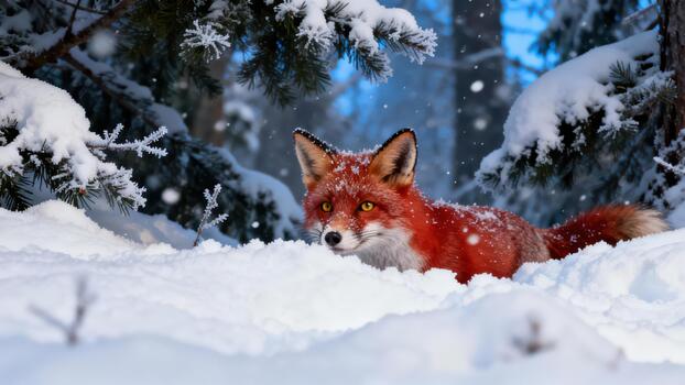 Wild red fox crouching low in deep powder snow near frosted spruce trees during a cold winter day. photo