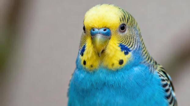 Headshot of a blue and yellow Budgerigar parakeet showing detailed feather patterns against a blurred neutral background. photo
