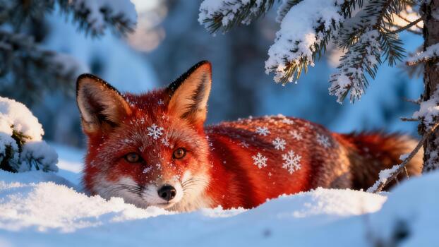 Bright red fox resting in deep white snow beneath pine trees, featuring stylized snowflake symbols overlaid on its warm fur. photo