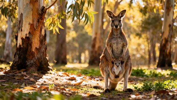 Mother kangaroo standing with joey baby in her pouch, illuminated by warm sunlight filtering through the Australian eucalyptus woodland. photo
