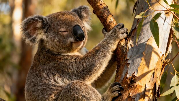 Australian koala marsupial clinging to rough eucalyptus tree trunk with eyes closed during golden hour sunlight. photo