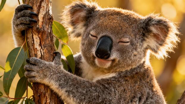 Koala marsupial clinging tightly to a rough tree trunk with eyes closed enjoying the golden afternoon sunshine. photo