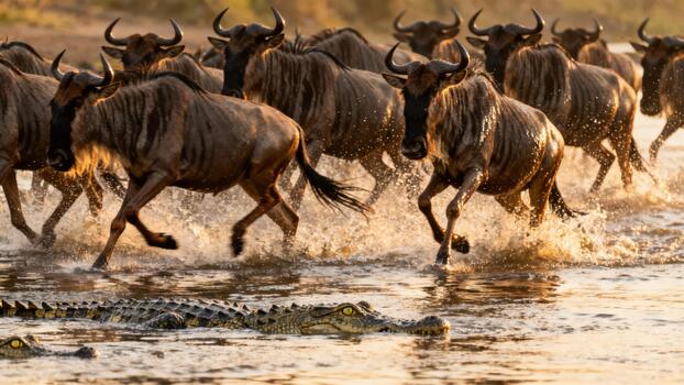 Blue Wildebeest running quickly across a shallow sunlit river, splashing water near a waiting Nile Crocodile partially submerged below. photo