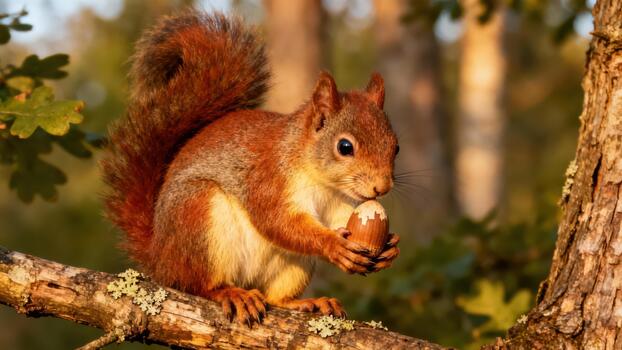 Wild Eurasian Red Squirrel sitting on a lichen covered oak tree branch holding a large brown acorn during golden hour light. photo