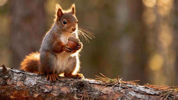Eurasian Red Squirrel sitting on a pine branch while holding a large acorn against a warm backlit forest background. photo