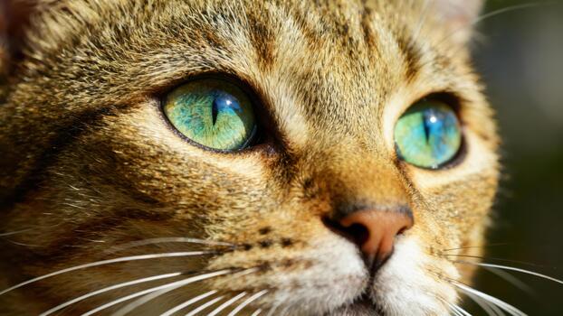 Macro view emphasizing the vibrant green and blue eyes of a golden brown striped tabby feline in bright sunlight. photo