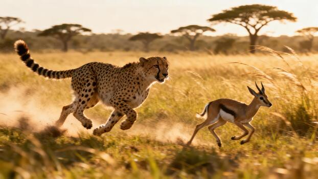 Spotted cheetah accelerating through tall dry grass, attempting to catch a fleeing Thomson's gazelle in the African savanna at golden hour. photo