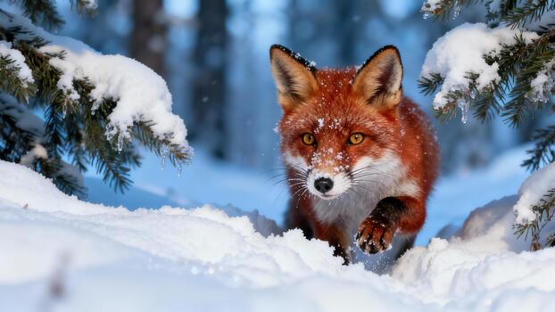 Wild Red Fox Vulpes vulpes moving through deep powder snow beneath snow-laden pine trees during cold winter. photo