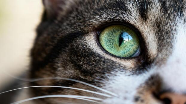 Intense photograph capturing the textured emerald green eye of a domestic tabby cat. photo