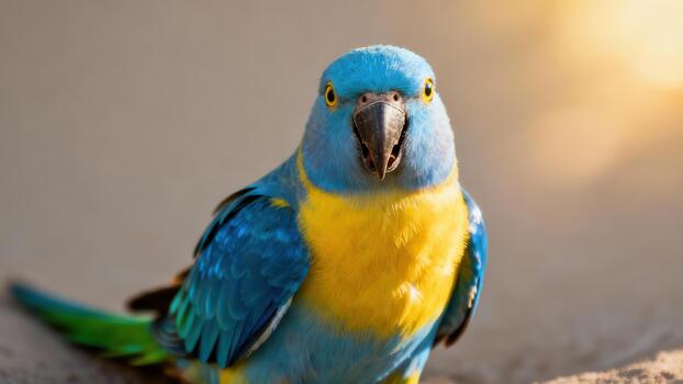 Blue and Yellow Macaw parrot headshot featuring vibrant feathers and dark beak looking directly at the camera in warm sunlit bokeh. photo