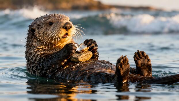 Wild Sea Otter floating on its back, utilizing a rock to crack open a shellfish in the golden hour ocean light. photo