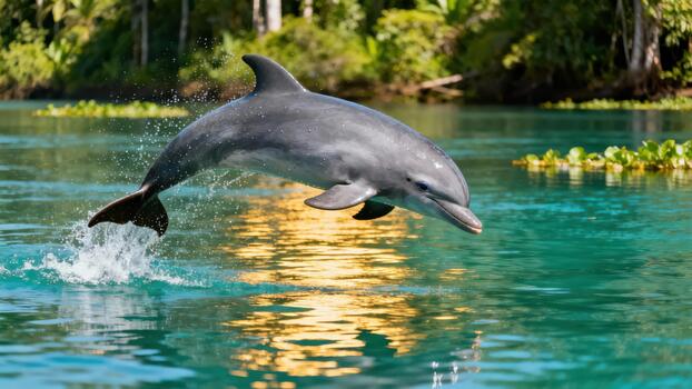 Gray dolphin leaping powerfully out of the turquoise water creating white spray and splash against a jungle backdrop. photo