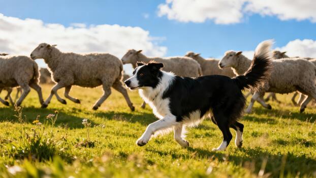 Black and white Border Collie dog running alongside a flock of wool sheep on a vibrant green field during daylight. photo