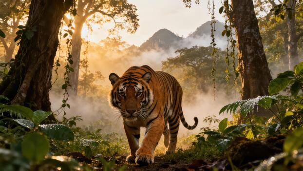Majestic striped tiger striding forward on a damp jungle path under golden hour backlighting and morning mist. photo