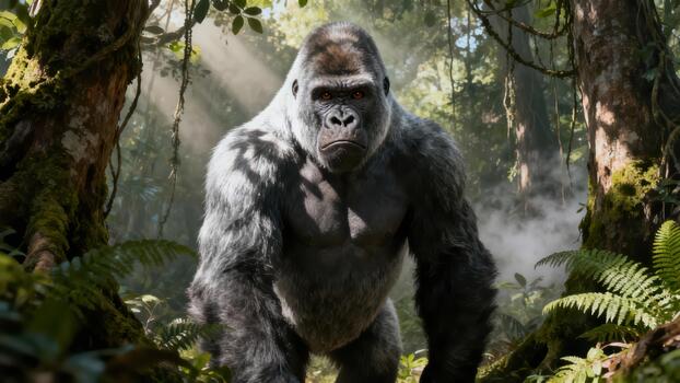 Intense silverback gorilla primate stands centered in a humid tropical jungle with dramatic god rays illuminating the background foliage. photo