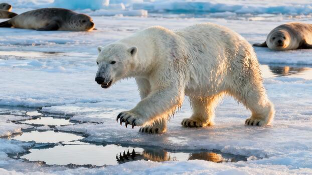 White polar bear striding carefully across broken ice patches with two spotted seals resting in the background under warm golden light. photo