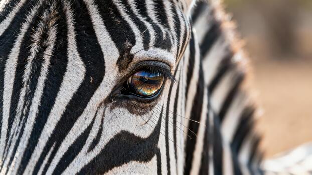 Detailed macro photograph capturing the glossy brown eye and contrasting black and white stripes of an African zebra. photo