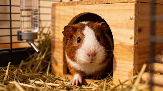 Tri-colored pet guinea pig peeking out of a small wooden hideout structure in a habitat with hay. photo