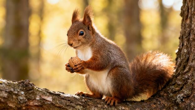 Wild Eurasian Red Squirrel holds a nut sitting on a textured tree branch in warm, dappled autumn sunlight. photo