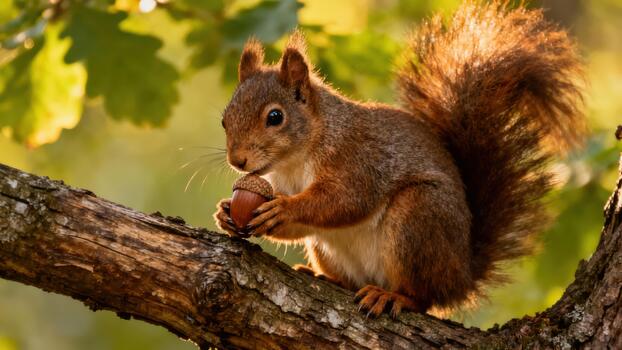 Fluffy tailed Eurasian Red Squirrel resting on an oak branch holding a brown acorn against soft backlit foliage. photo