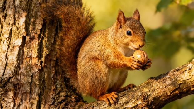 Eurasian red squirrel sitting on a textured tree trunk branch while holding a brown nut with its tiny paws. photo