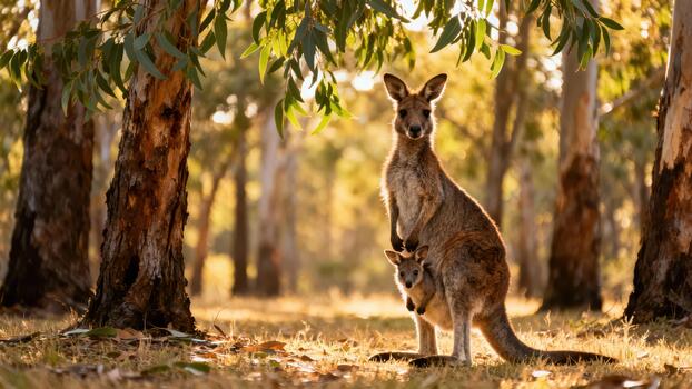 Kangaroo mother carrying her tiny joey in a pouch stands among eucalyptus trees during warm golden hour light in Australian bushland. photo