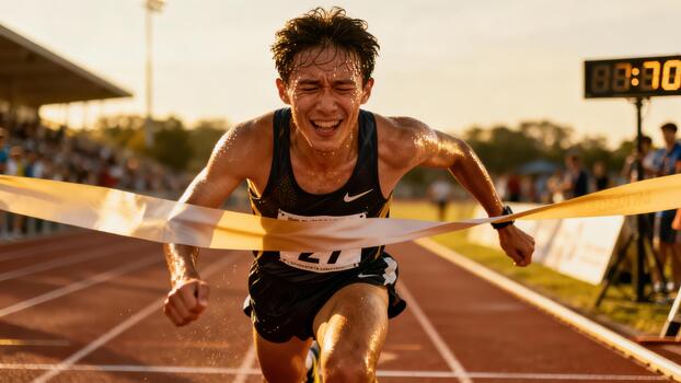 Determined sweaty runner achieving victory, crossing the finish line ribbon dramatically during a track and field race at golden hour. photo
