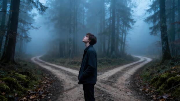 Pensive young adult male stands on a dirt path fork in a dark, moody, fog covered evergreen forest looking up at the sky. photo