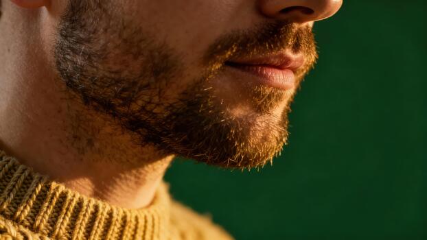 Profile view of a man's reddish brown beard and mouth illuminated by warm golden sunlight against a dark green backdrop. photo
