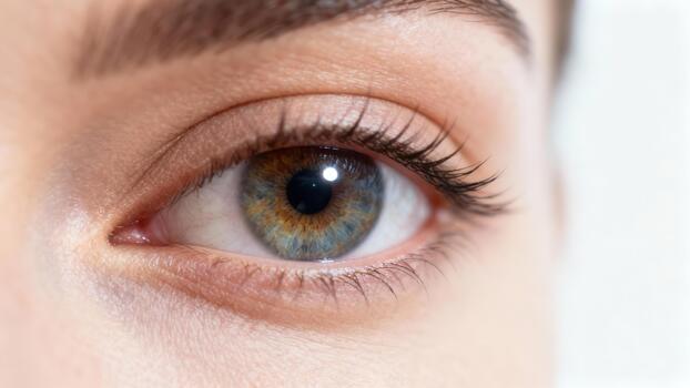 Detailed view of a female human eye with a multi-colored iris displaying central heterochromia, long dark lashes, and bright catchlight. photo